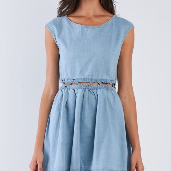 Casual Women Blue Denim Mini Sun Dress - Picture 3 of 3